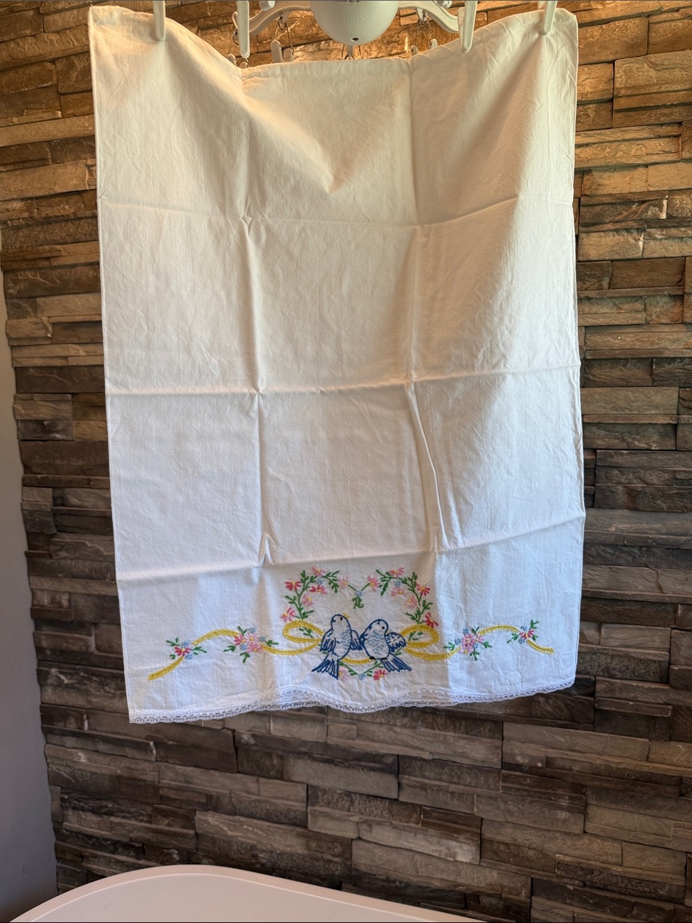 Hand-Embroidered White Cotton pillow case with Blue Bird Motif, 2 pillow cases,